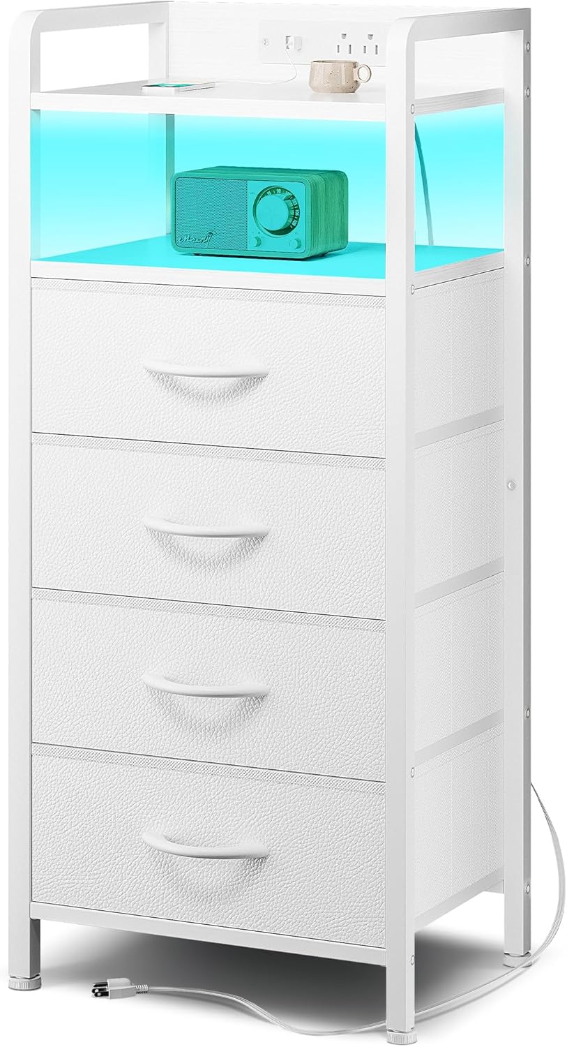 Lazzanto Night Stand Bedside Charger Bedroom - Nightstand with Charging Station & LED Light Strip, Night Stand with Storage Shelf & 2 Fabric Drawers, Morden End Table with USB Ports&AC Outlets,Pink