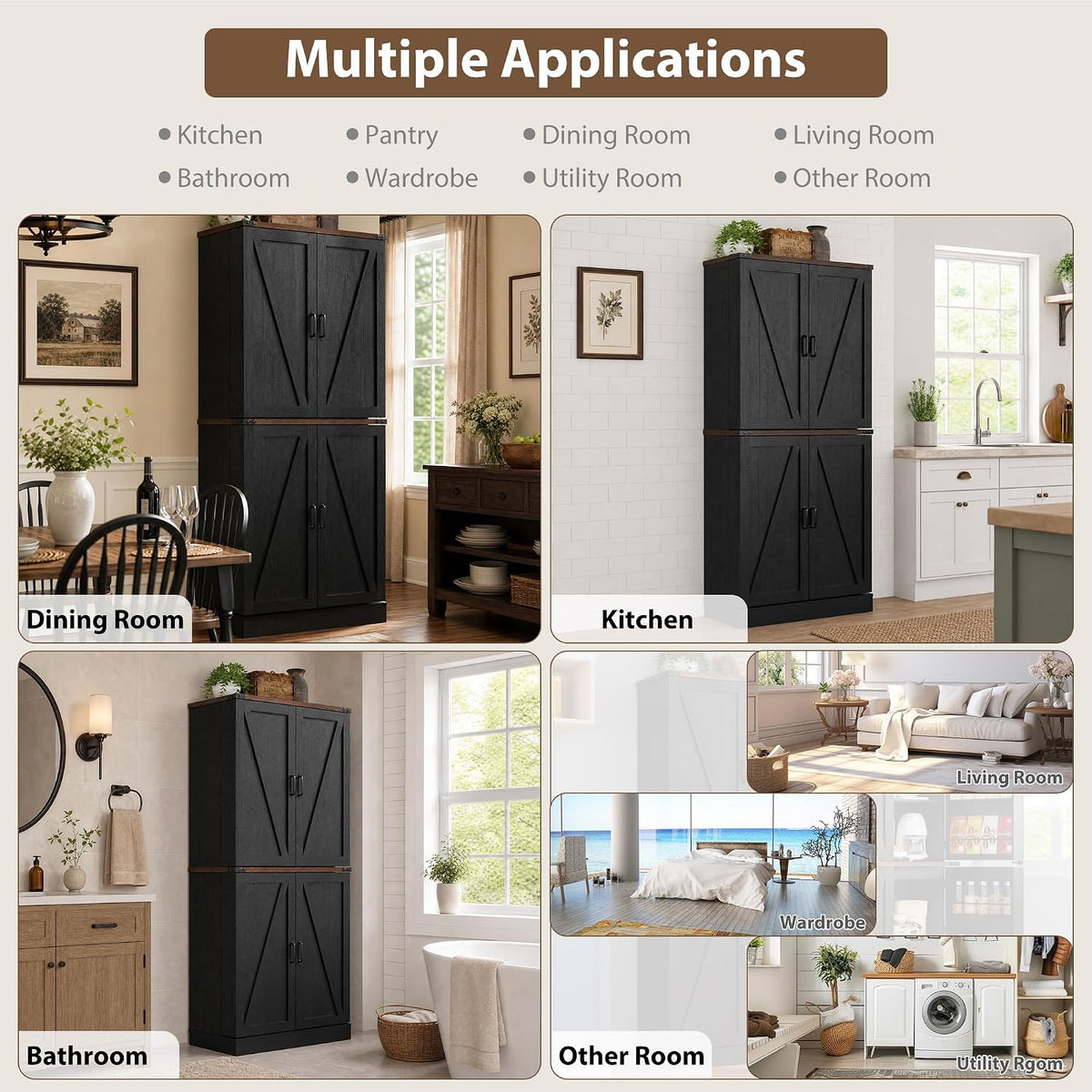 71" Tall Kitchen Pantry Cabinet, Farmhouse Tall Kitchen Storage Cabinet with Adjustable Shelves & 4 Barn Style Doors, Wooden Storage Cabinet for Kitchen, Dining Room, Living Room, Bathroom, Office