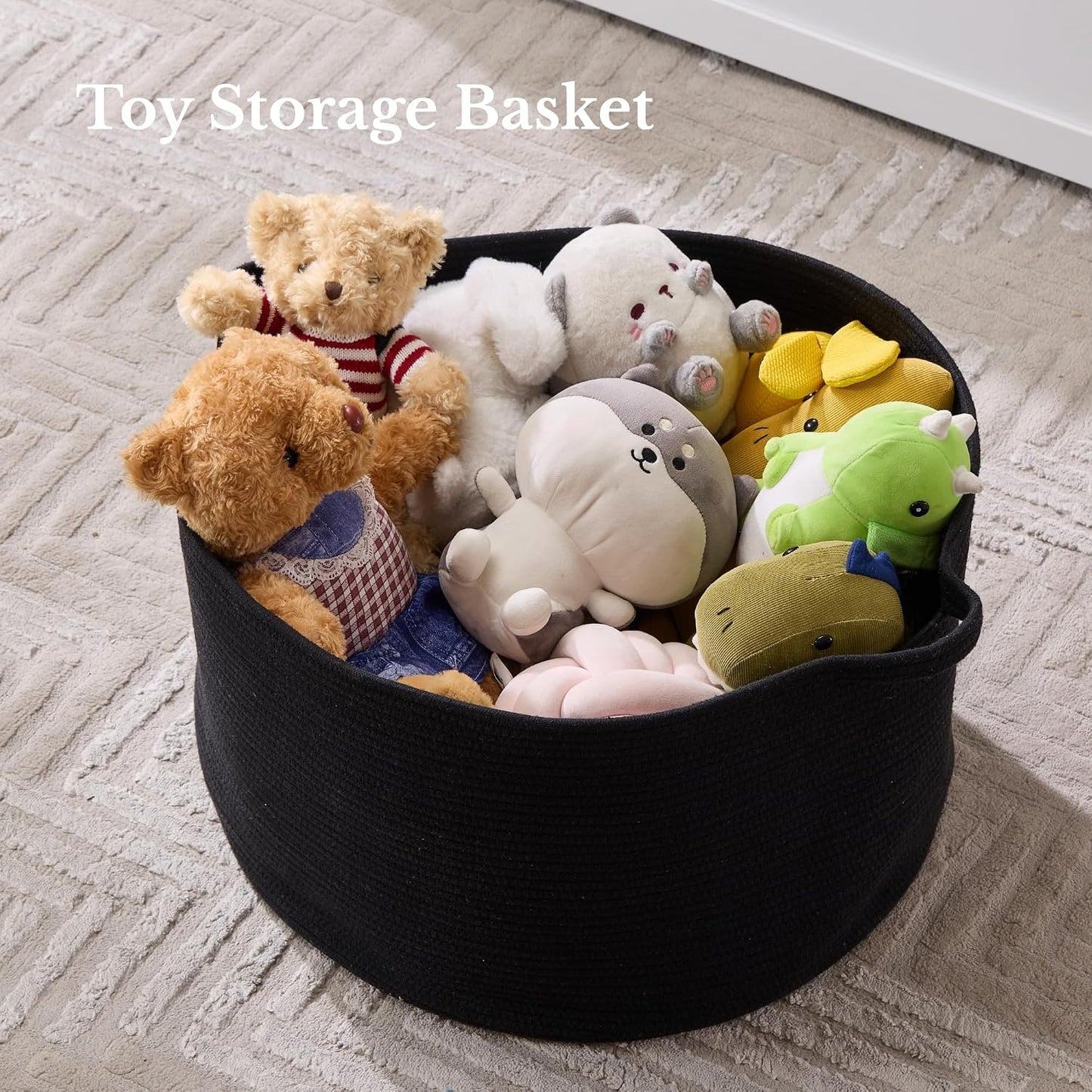 Luxury Little Extra Large Nursery Storage Basket, 22 x 22 x 14 inches - 100% Cotton Rope Baskets with Handles, Blanket Basket for Toys, Blankets & Pillows - Inner Black