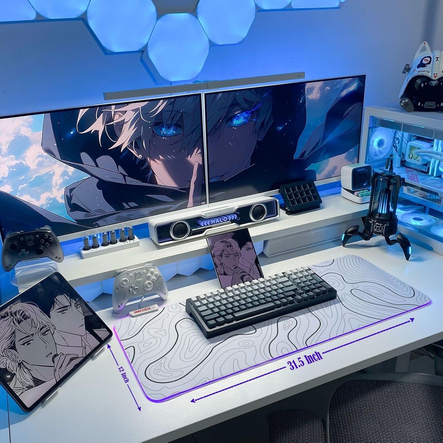 JMIYAV White Gaming Mouse Pad RGB Mousepad 31.5x12In Non-Slip Rubber Base Extra Large Cool XL XXL Computer Desk Pad Gaming Accessories Setup LED Light Up Big Mouse Pad for Gamer Topographic White