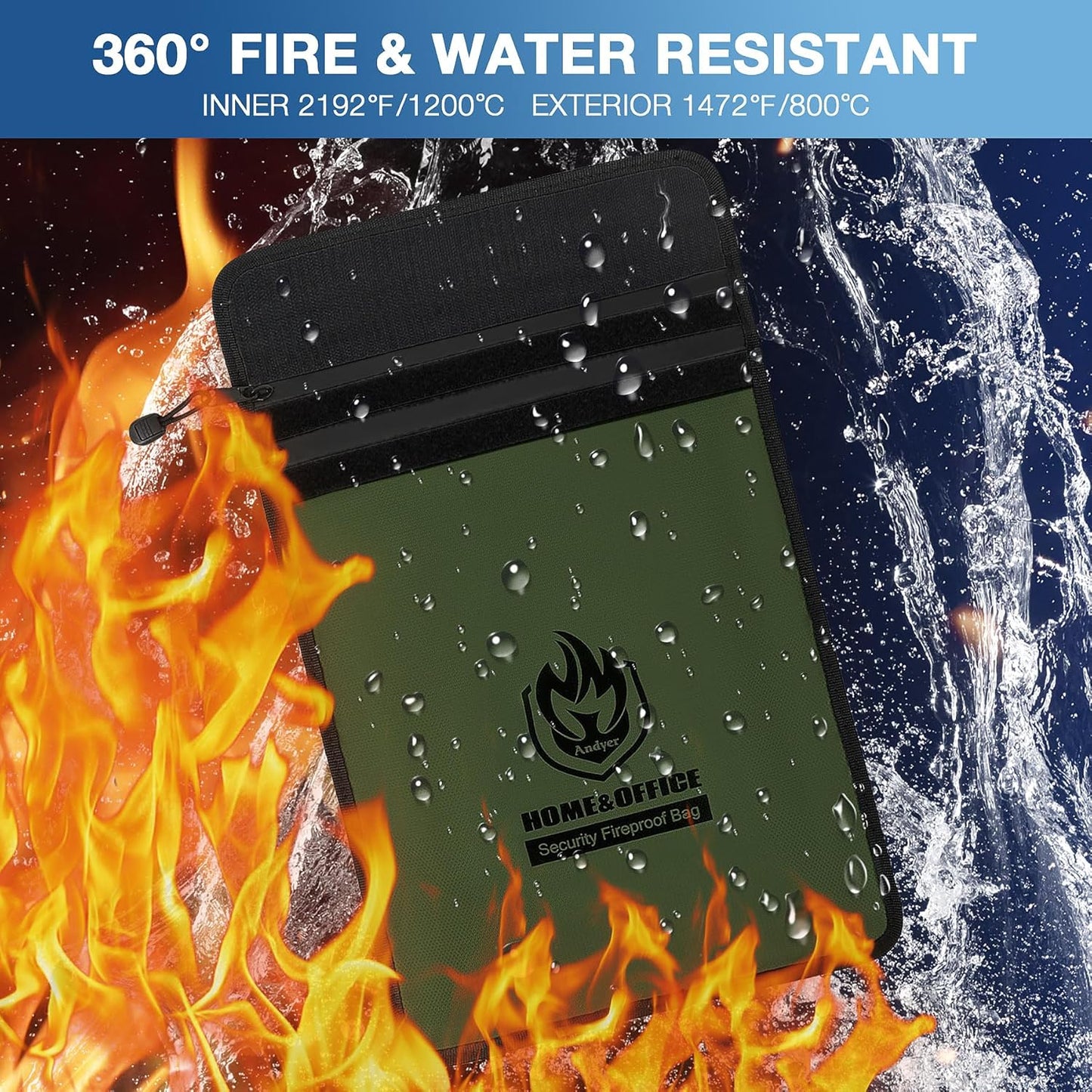 Upgraded Two Pockets Fireproof Document Bag (2000℉), andyer 15”x 11”Waterproof Fireproof Money Bag for Cash with Zipper, Important Document Storage Organizer for Valuables, Legal Documents Safe