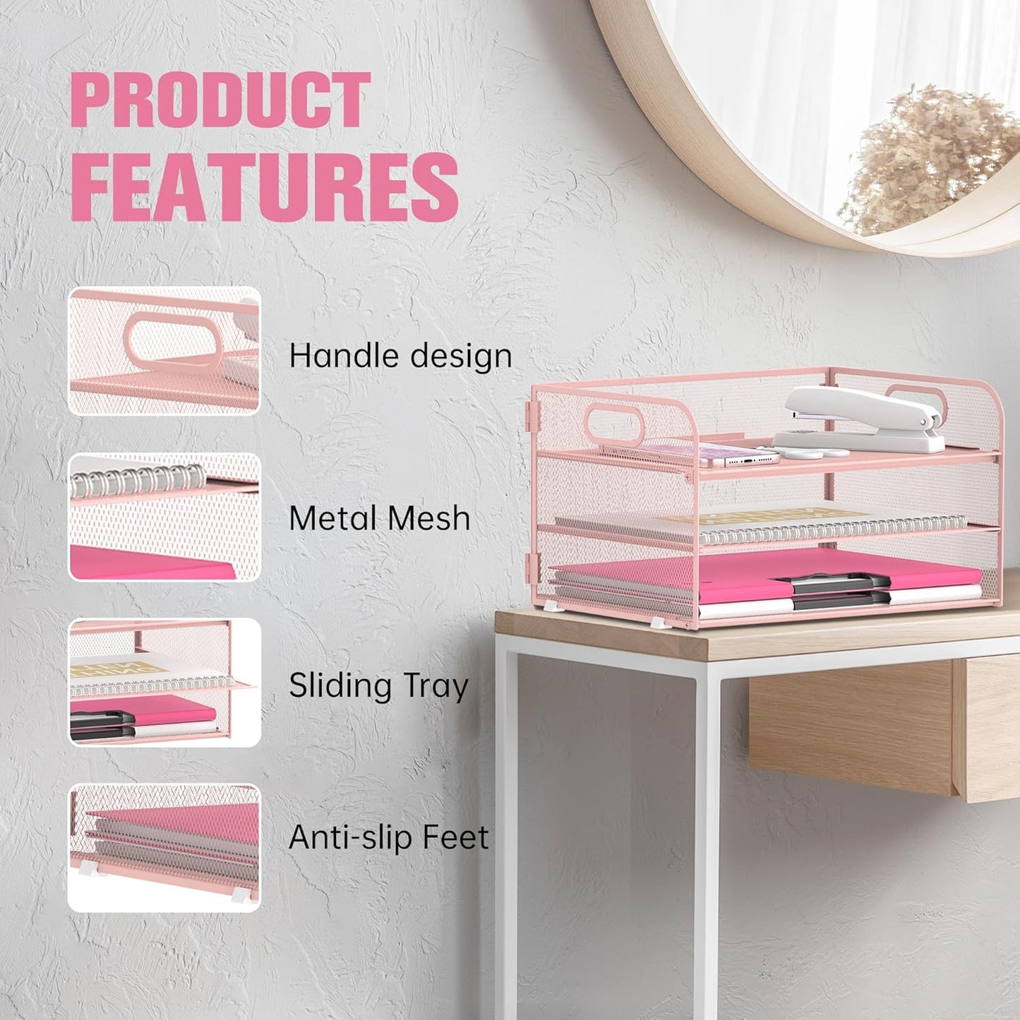 DALTACK 3 Tier Paper Organizer with Handle, Mesh Metal Desk Organizer with Sliding Paper Trays for Letter/A4 Paper, Mail, Bills & Folders, Pink
