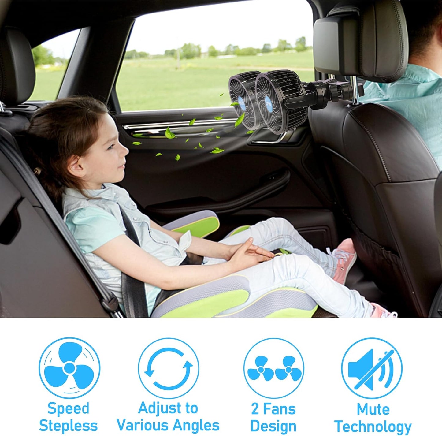 QIFUN 12V Car Fan, Portable Car Fan Cool Gadgets for Rear Seat Passenger, 4'' Headrest 360° Rotatable Backseat Car Cooling with Stepless Speed Regulation for Vehicles, SUV, RV, Boat