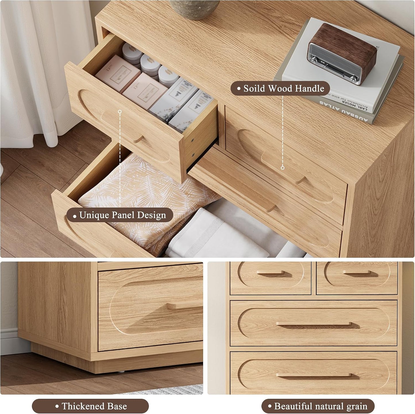 6 Drawer Dresser for Bedroom, 44" Tall Modern Chest of Drawers with Solid Wood Handle, Large Wood Storage Dresser Organizer for Bedroom, Living Room, Natural Oak