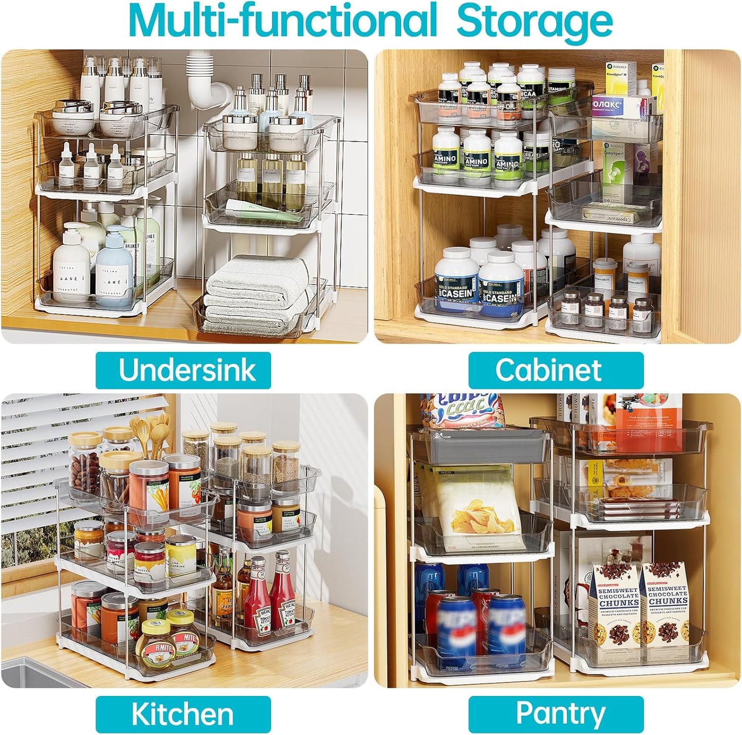 Delamu 2 Pack 3-Tier Bathroom Under Sink Organizers and Storage, Multi-Purpose Stackable Pantry Organization and Storage, Pull Out Clear Kitchen Bathroom Cabinet Organizer with Movable Dividers, Grey