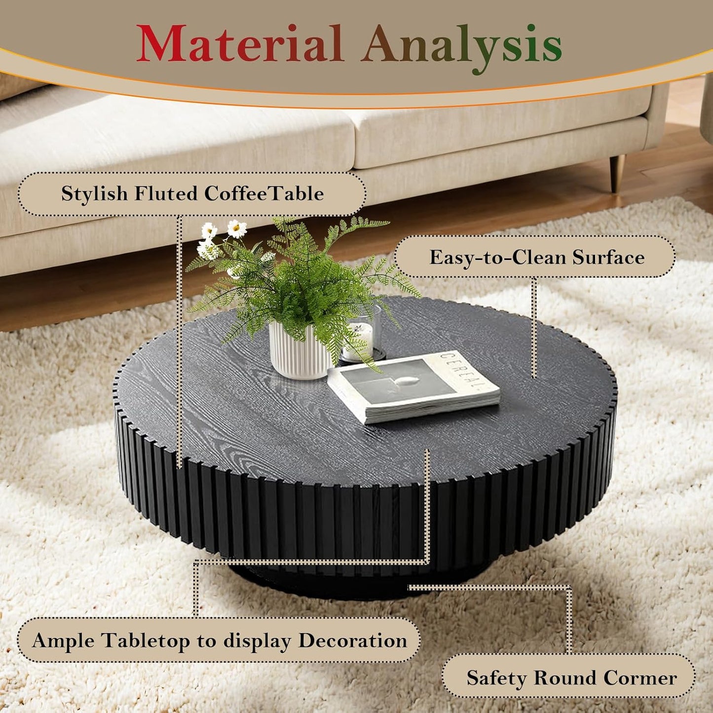 Black Circular Fluted Coffee Table (Round Black 31.5in) | Mid Century Circle Center Tables for Living Room | Chic Round Drum End Table for Small Space | Easy Assembly