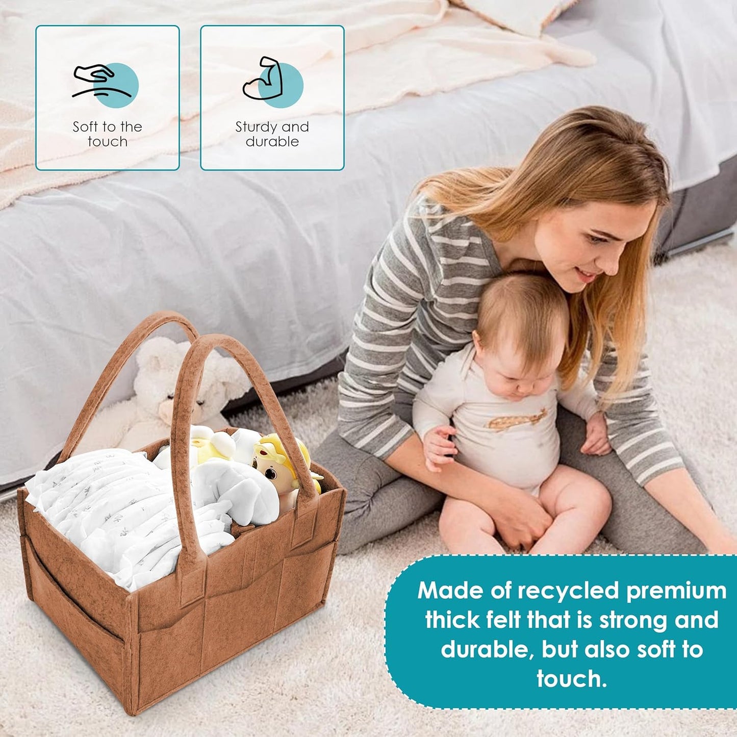 Cute Castle 2 Pack Diaper Caddy Organizer - Portable Baby Caddy Organizer with Handle, Nursery Storage Bin and Car Organizer for Girls, Boys - Baby Gift Basket - Caramel