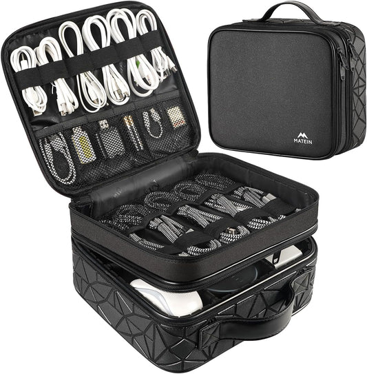 MATEIN Cable Organizer Bag, Waterproof Travel Electronic Storage, Shockproof Portable Double Layer Tech Bags Carrying Case for Cord, Earbuds, Charger, SD Card, DJ Gifts, Black
