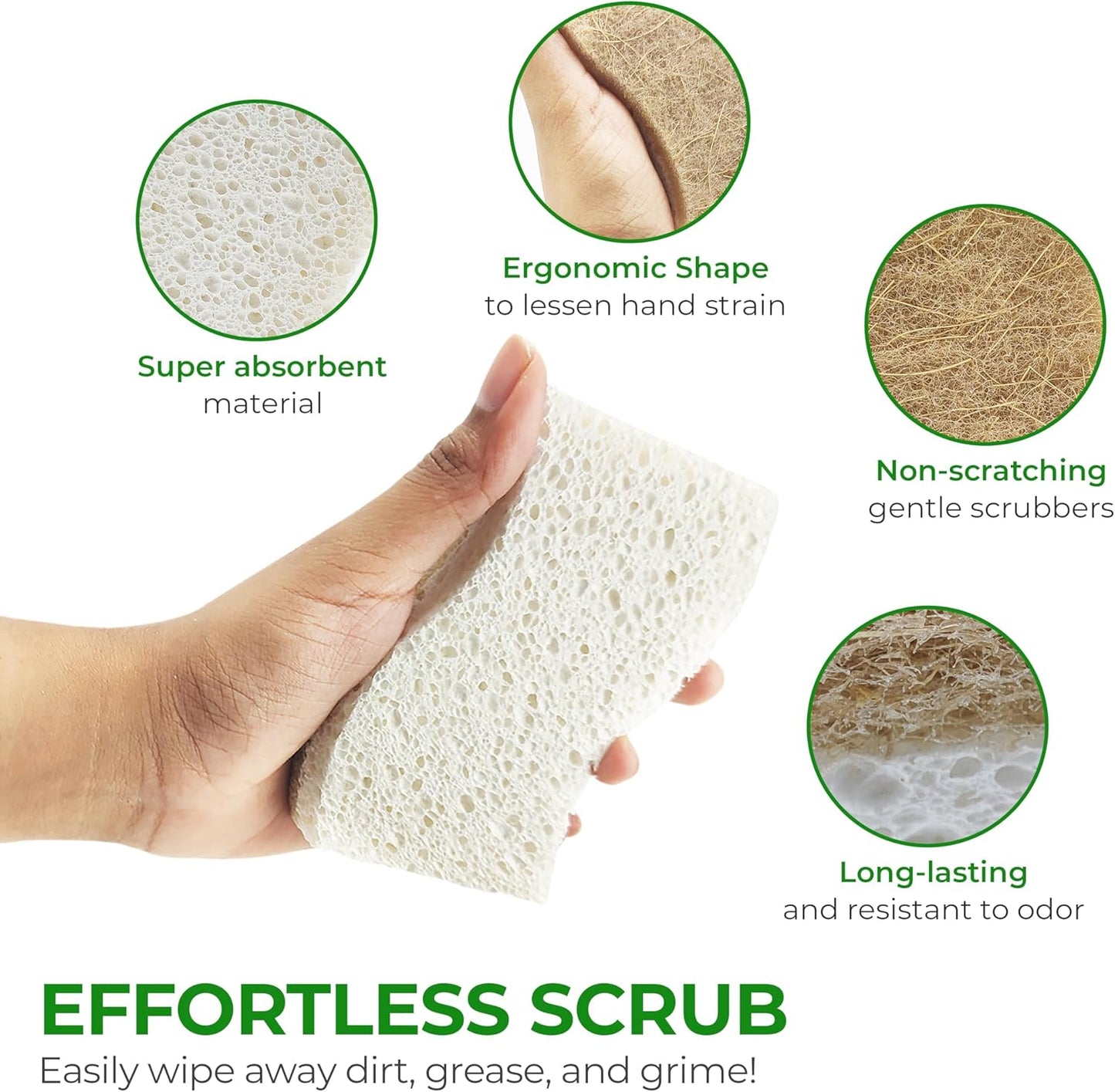 AIRNEX Natural Kitchen Sponges (12 Pack) - Biodegradable Cellulose & Coconut Scrubber Dish Sponges for Kitchen - Eco-Friendly, Non Scratch, Compostable, Non Toxic S-Shaped Natural Sponges for Dishes