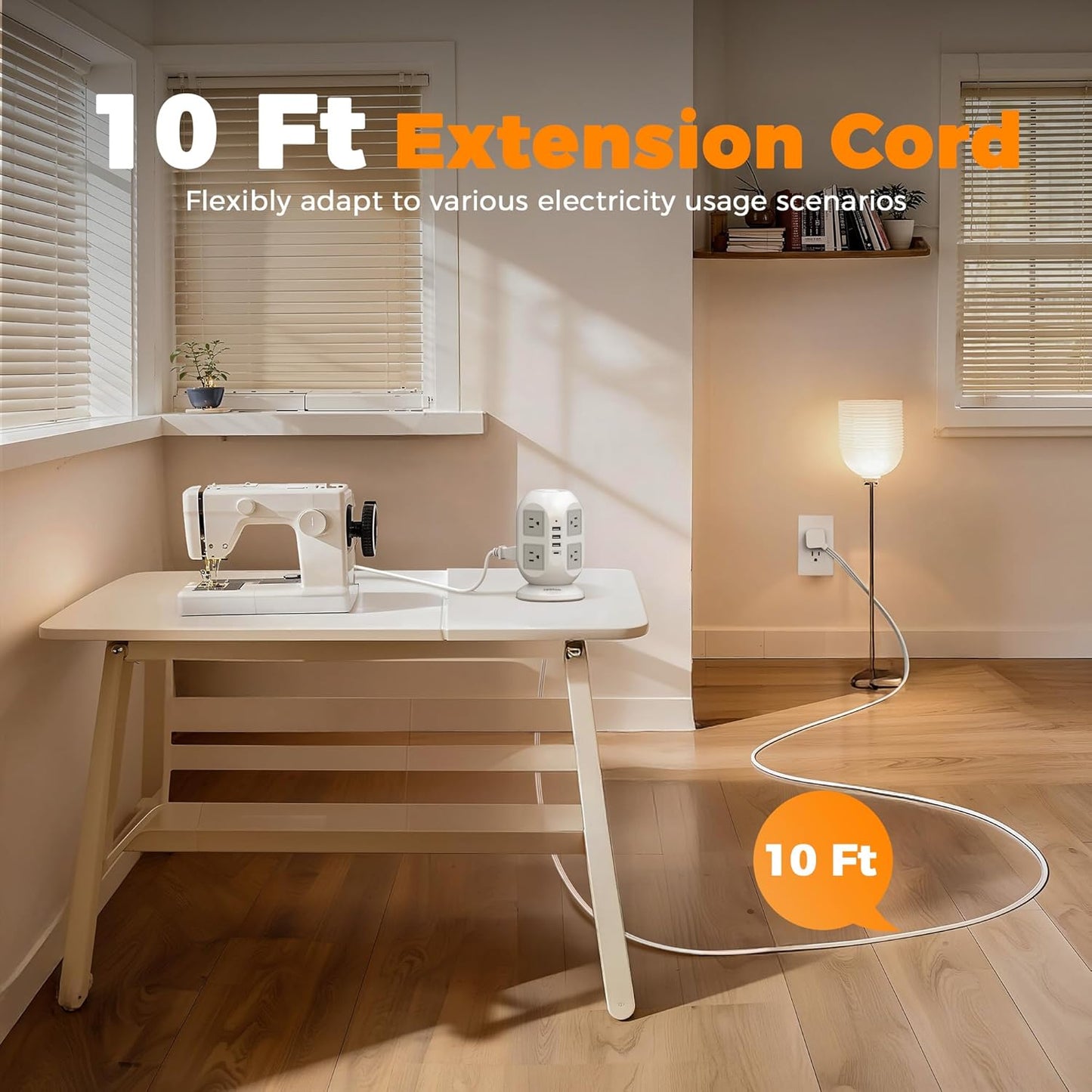 TESSAN Tower Power Strip 10 ft, Long Flat Extension Cord with Multiple Outlets, 8 AC Outlets with 4 USB Ports (1 USB C), Charging Station with, for Home Office Dorm