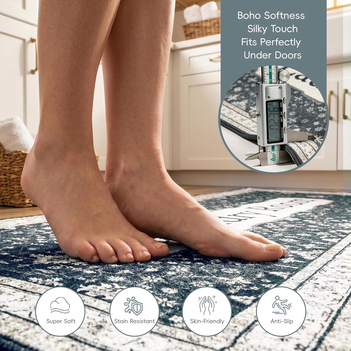 Laundry Room Rug 20"x47" – Black Boho Floor Tribal Runner Rug, Non Slip Washable Faux Wool Laundry Mat for Washer Dryer Area, Soft Vintage Low-Pile Farmhouse Runner for Kitchen, Hallway, Bathroom