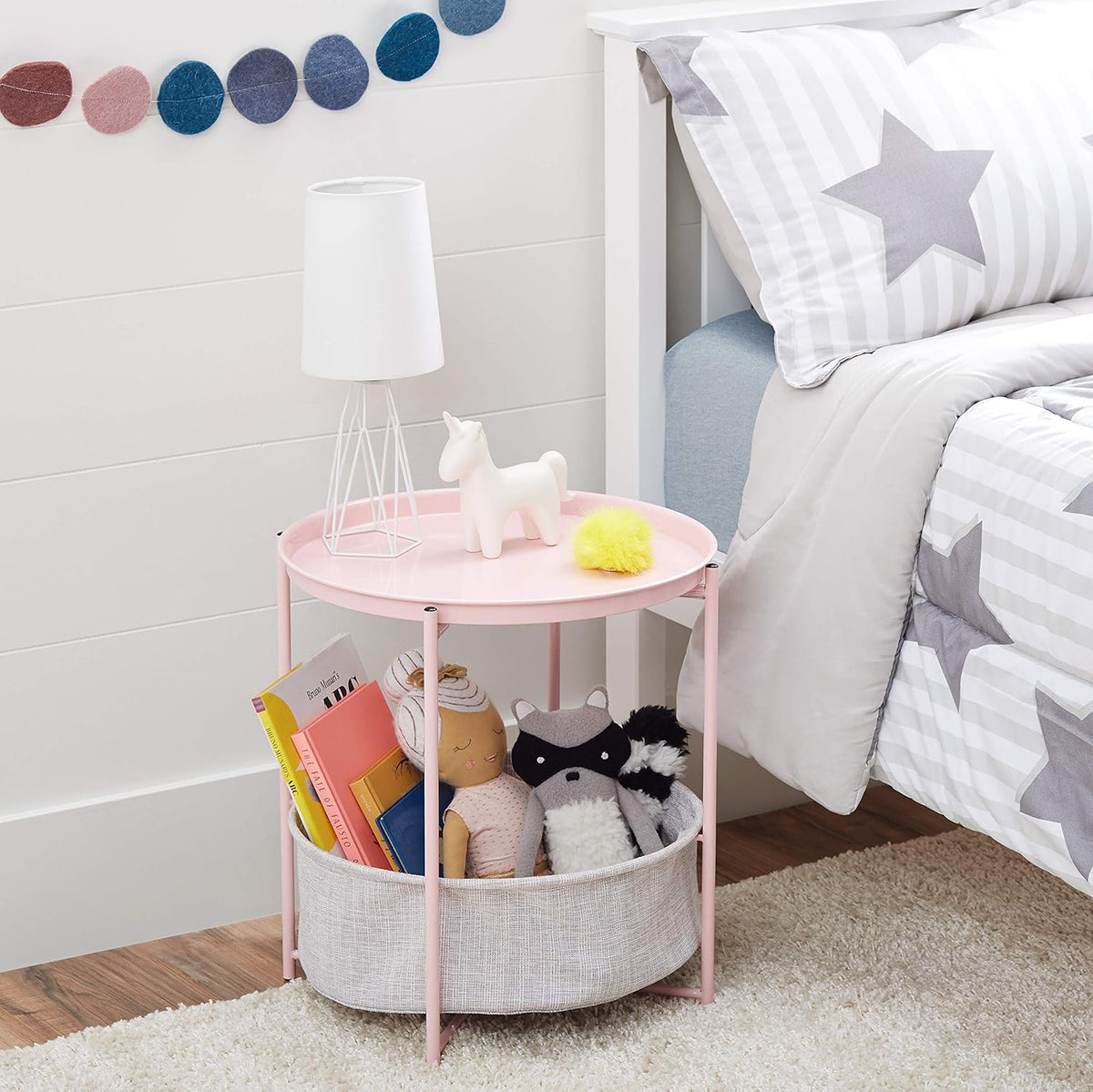 Amazon Basics Round End Table with Storage Bin, Easy Assembly, Bedroom Accent Table, 17.7" D x 17.7" W x 18.9" H, Dusty Pink | Side Table