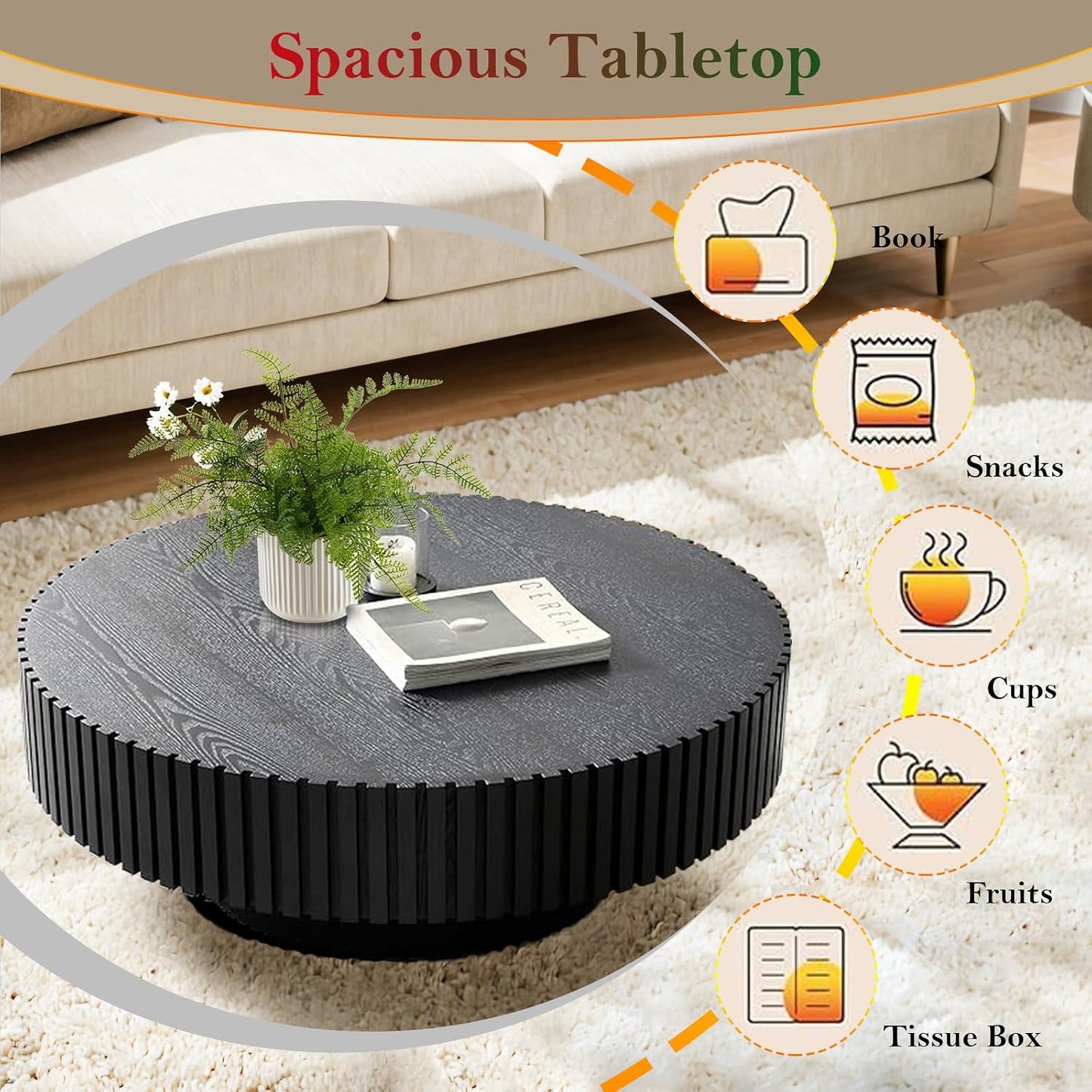 Black Circular Fluted Coffee Table (Round Black 31.5in) | Mid Century Circle Center Tables for Living Room | Chic Round Drum End Table for Small Space | Easy Assembly