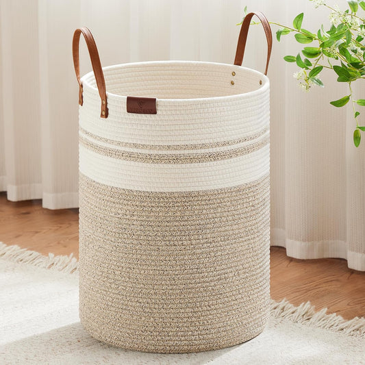 VIPOSCO 100L Tall Woven Rope Laundry Hamper, Leather Handles, Brown & White