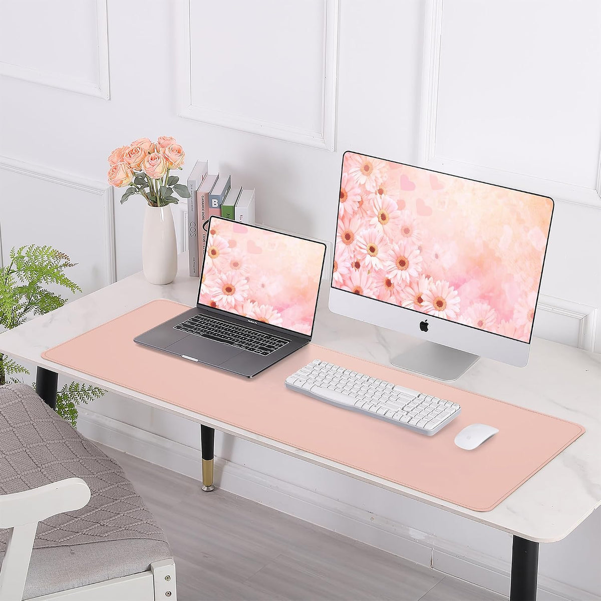 AFIING Large Desk Mat 47.2" x 17.5", Leather Desk Pad Protector with Natural Cork & PU Leather, Non-Slip Office Desk Mat, Double-Sided Mouse Pad, Waterproof Large Desk Pad for Office and Home (Pink)