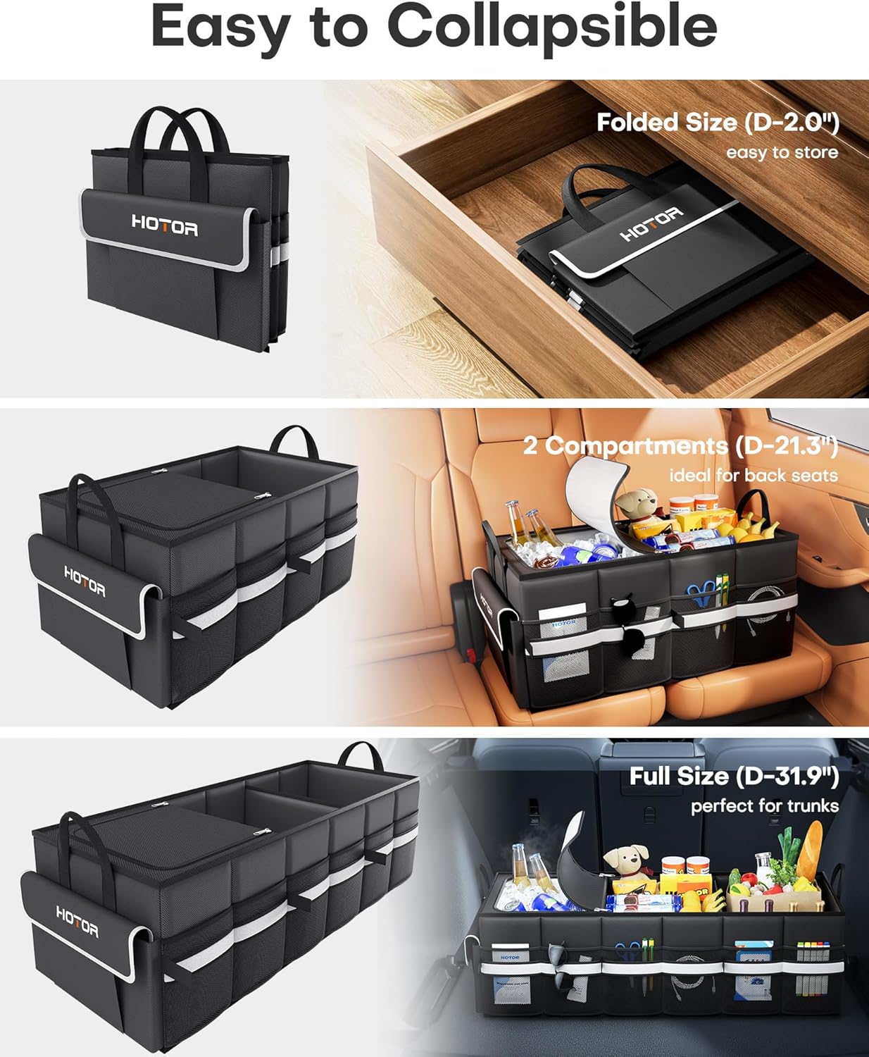 HOTOR Trunk Organizer - Car Organizer with Built-In Leakproof Car Cooler, Collapsible Trunk Organizer with Cooler for Car, SUV, Sedan, with Base Panel (3 Compartments, Black),31.9"×12.6"×10.6"