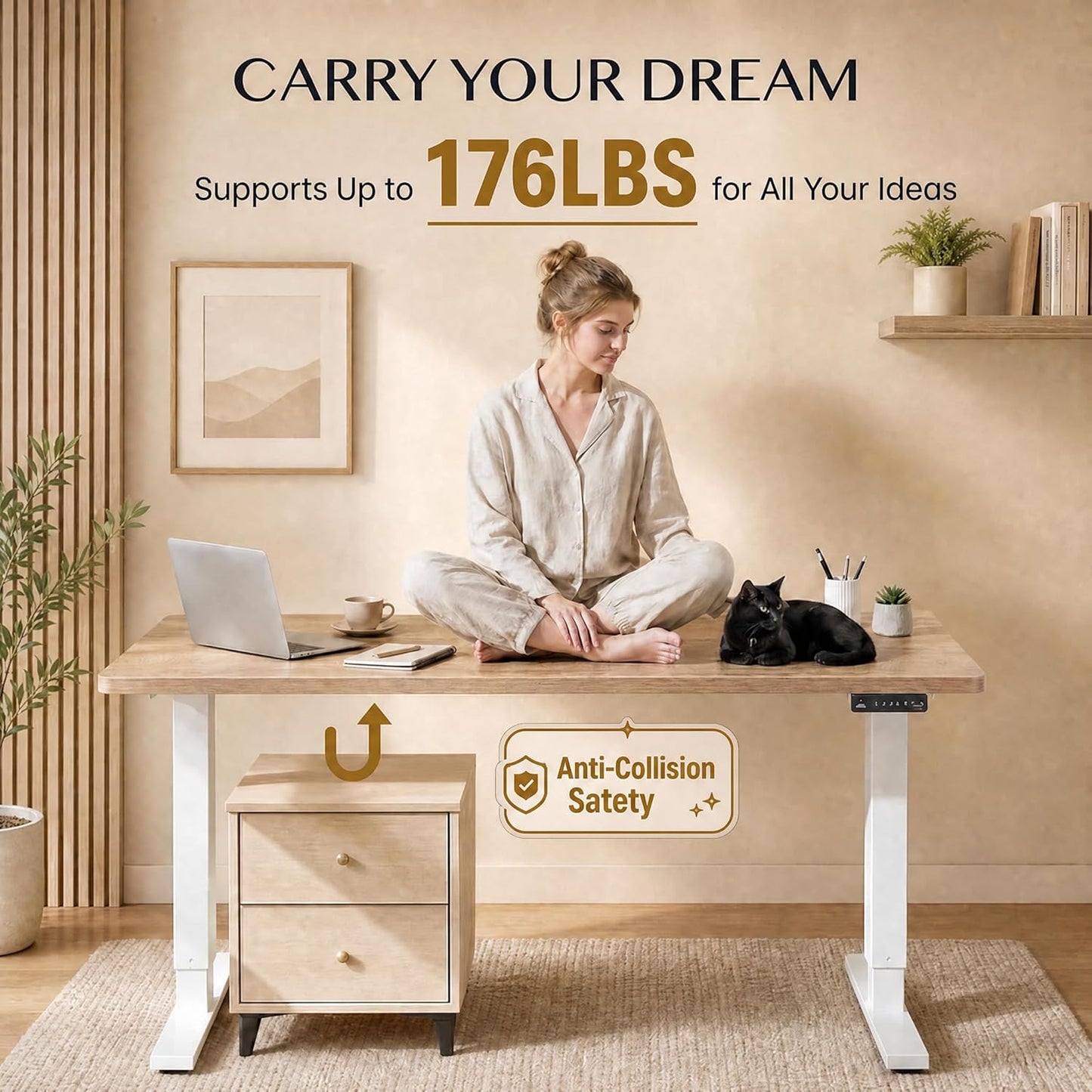 Grandder 47x32 Large Electric Standing Desk, Height Adjustable Computer Desk with 2 Memory Presets, 31.5" Deep Desktop Sit Stand Desk Home Office Desk Workstation Table with Hooks, Maple