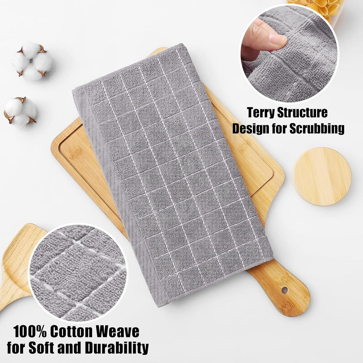 Homaxy 100% Cotton Terry Kitchen Dish Cloths, 8 Pack, Light Grey