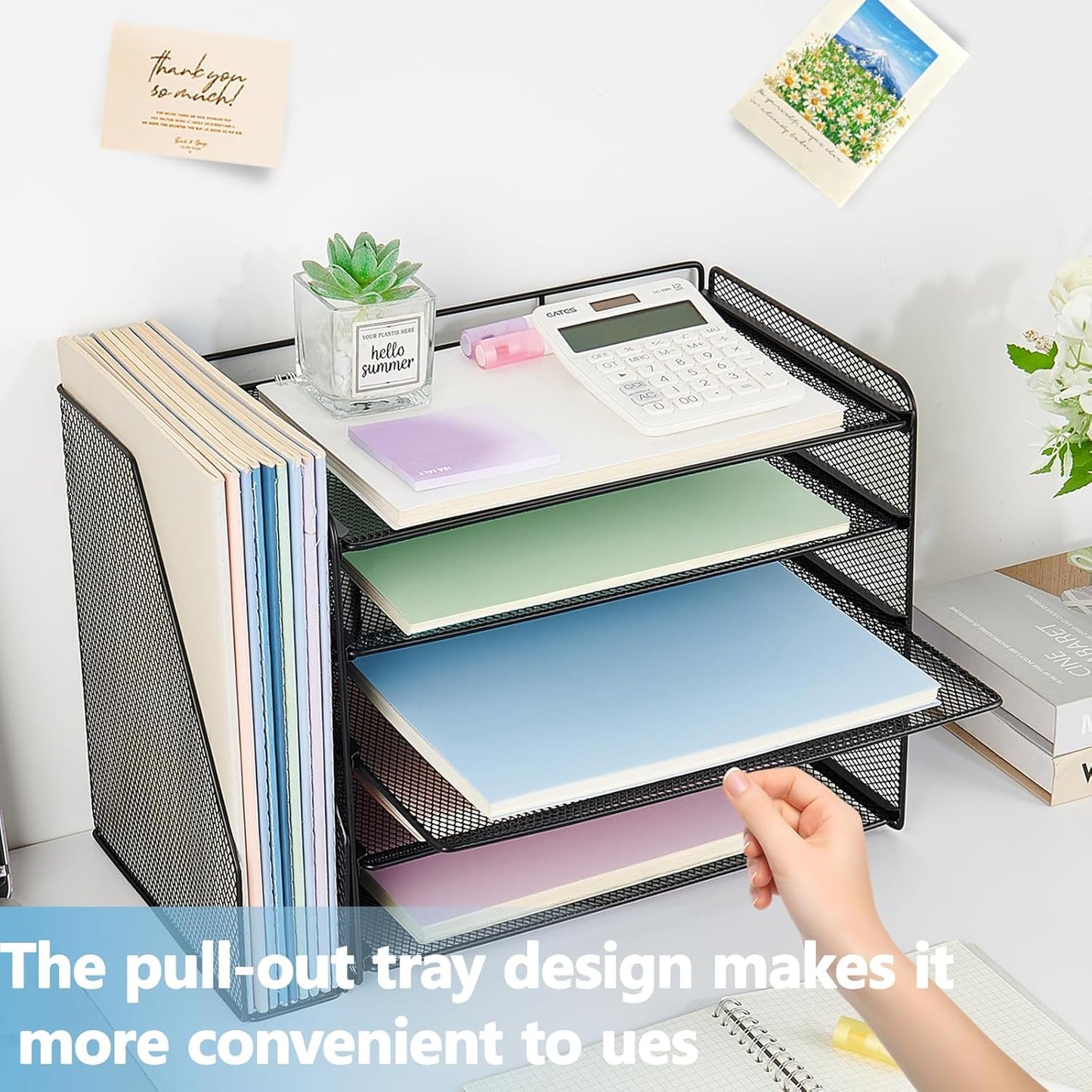 OPNICE Desk Organizers and Accessories, 5-Tier Paper Organizer Letter Tray with Magazine Holder, Office Desk Accessories & Workspace Organizers, Desktop File Organizer for Office Supplies, Black
