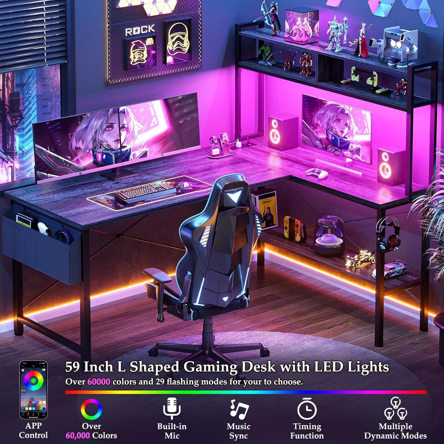Aheaplus L Shaped Desk Gaming Desk, 59" L Shaped Computer Desk with LED Light & Power Outlet, Reversible Home Office Desk Gamer Desks with Shelves & Storage Bag & Hooks, Corner PC Desk, Black Oak