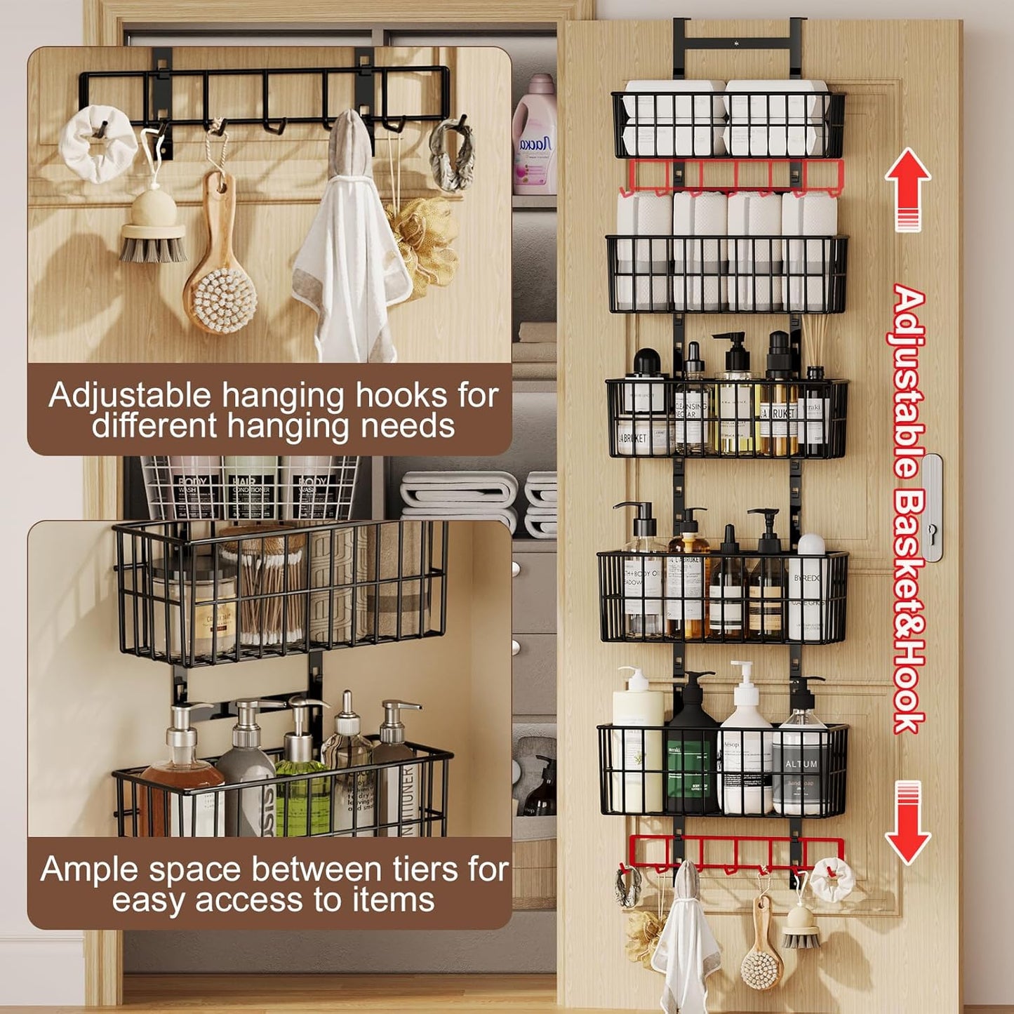 Hongtamoya Adjustable Over the Door Organizer, Metal Hanging Door Organizer with 5 Wire Basket 7 Hooks, Wall Mounted Shelf for Pantry Laundry Organization and Storage, Black