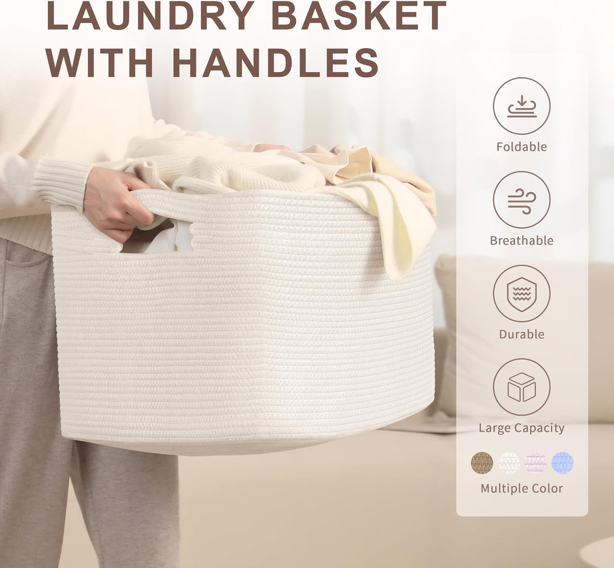 86L Large Woven Laundry Basket Hamper with Handles, White