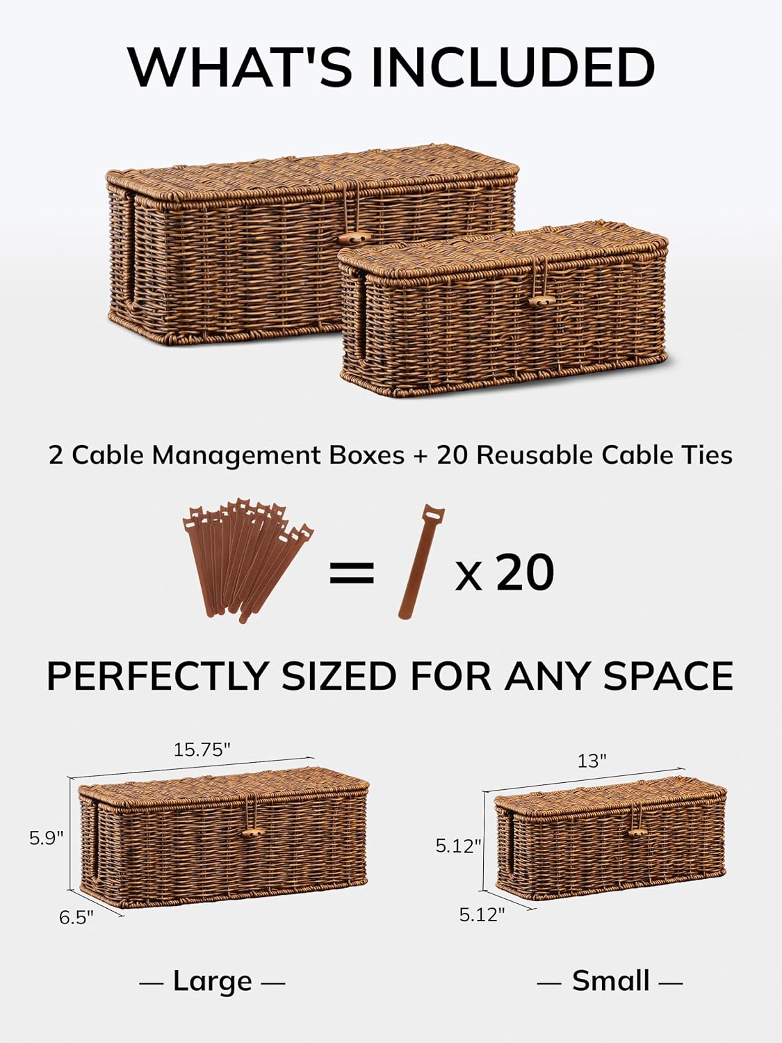 Cable Management Box, Cord Organizer with Lid & Cable Ties - Brown Set | Handmade Open Slots Cord Hider Outlet Covers for Power Strip TV PC Router Charger Under Desk Storage