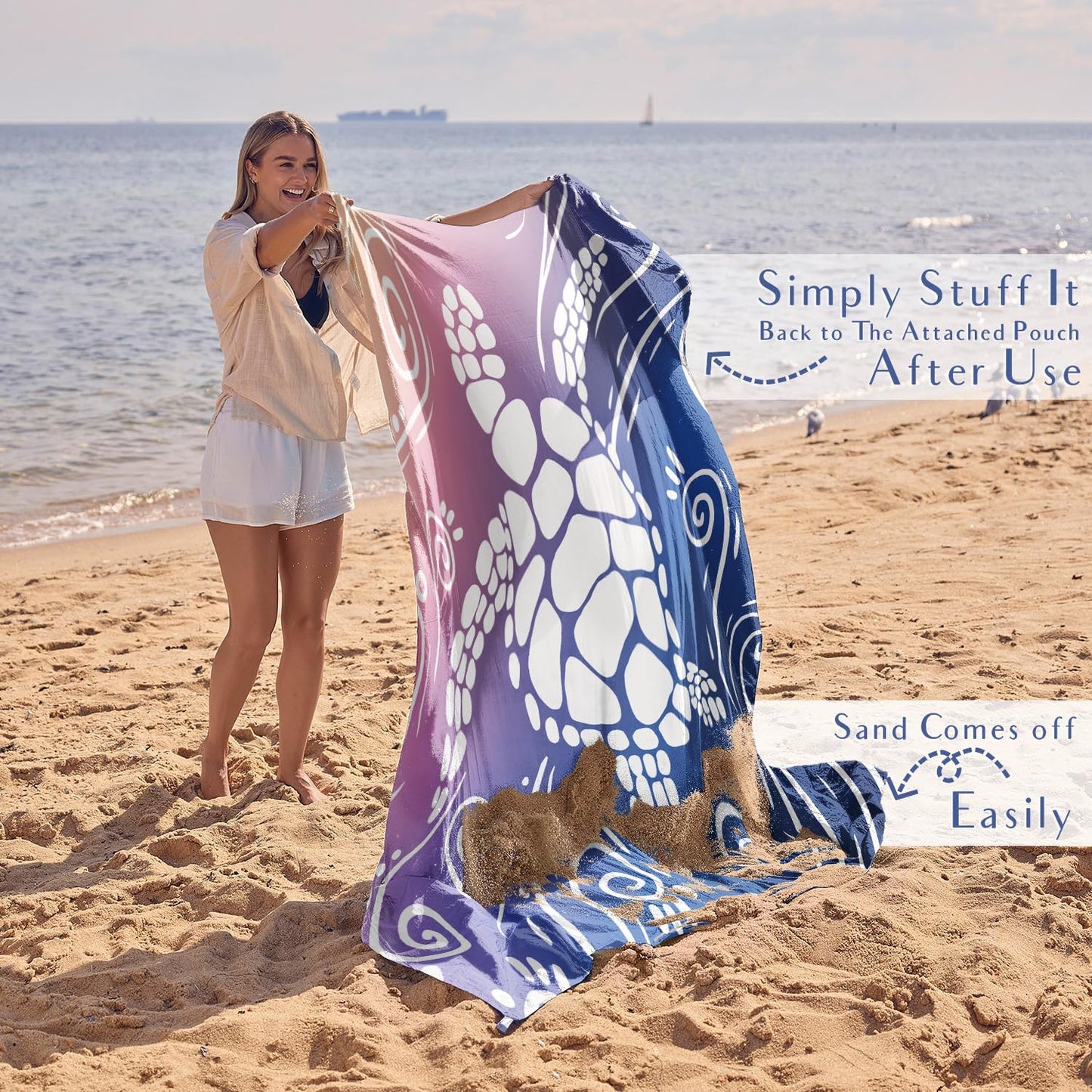 WEKAPO Beach Blanket Waterproof Sandproof Oversized Extra Large Sand Free Beach Mat with Stakes, Storage Bag - Essentials for Outdoor Beach, Picnic (Deep Blue Sea Turtle, 8 X 7 FT (1~4 Person))