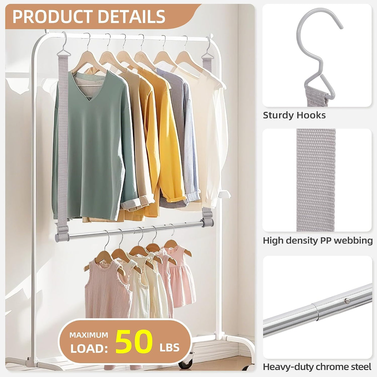 STORAGE MANIAC Hanging Closet Rod, Adjustable Width and Height Closet Hanging Organizer, Space-Saving Clothes Hanging Bar, Closet Extender Hanging Rod Double Closet Hanging Rod, 1 Pack Webbing