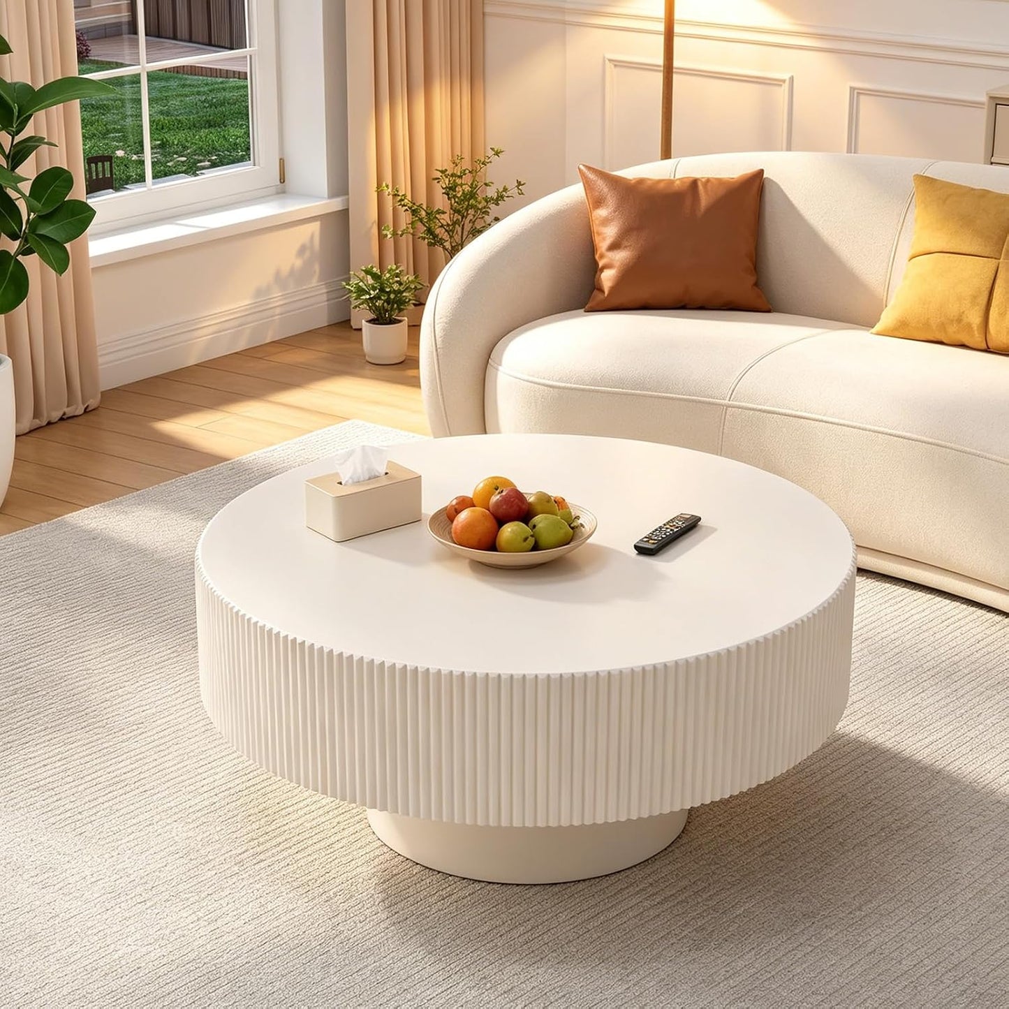 30.9" Round Drum Fluted Coffee Table (A) | Mid-Century Modern, Easy Assembly, Sturdy Pedestal, Center Tables for Apartment Living Room