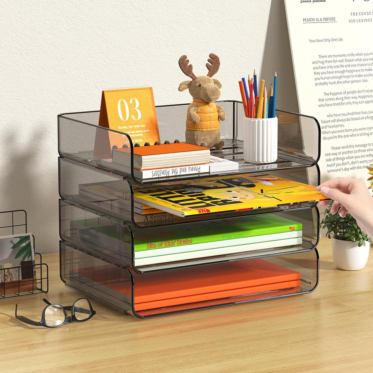 FANXIYQ 4-Tier Acrylic Paper Tray Organizer Brown Stackable Paper Organizer