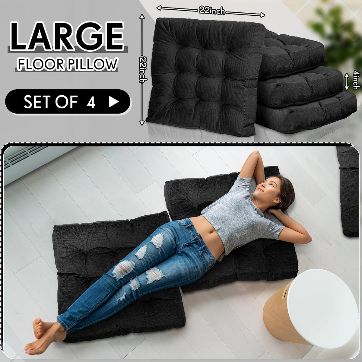 Jerify Black 4 Pcs Large Floor Pillow Cushion,Square 22 x 22