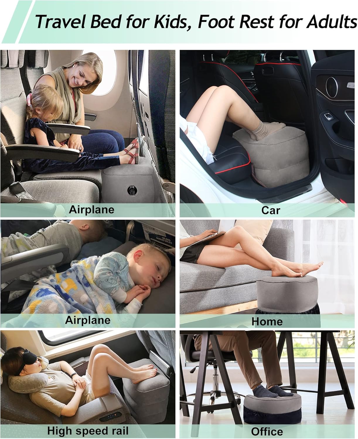 Inflatable Foot Rest Pillow, Kids Airplane Bed, Adjustable 3 Layers Height Leg Rest Pillow, Airplane Travel Essentials Great for Office, Home, Trains, Cars