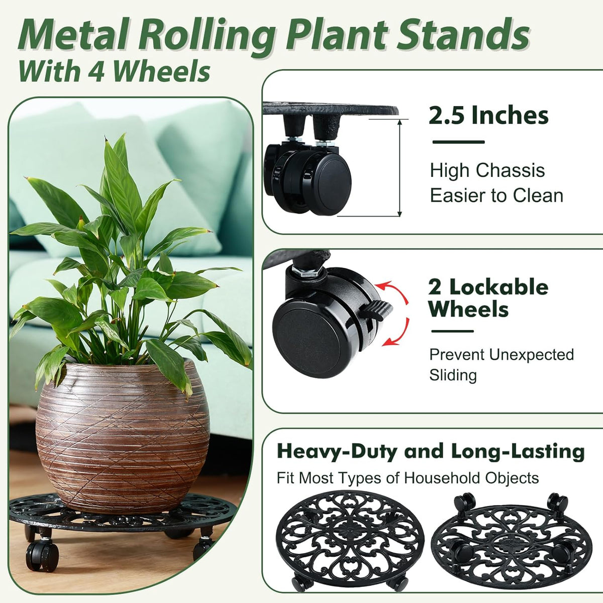 3 Pack 14 In Rolling Plant Stand with Wheels Metal Plant Caddy with Wheels