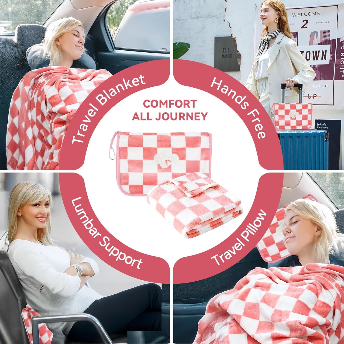 Travel Blanket and Pillow Compact, Premium Soft 2 in 1 Airplane Blanket with Soft Bag Pillowcase，Hand Luggage Sleeve and Backpack Clip (Ckeckered Pink)