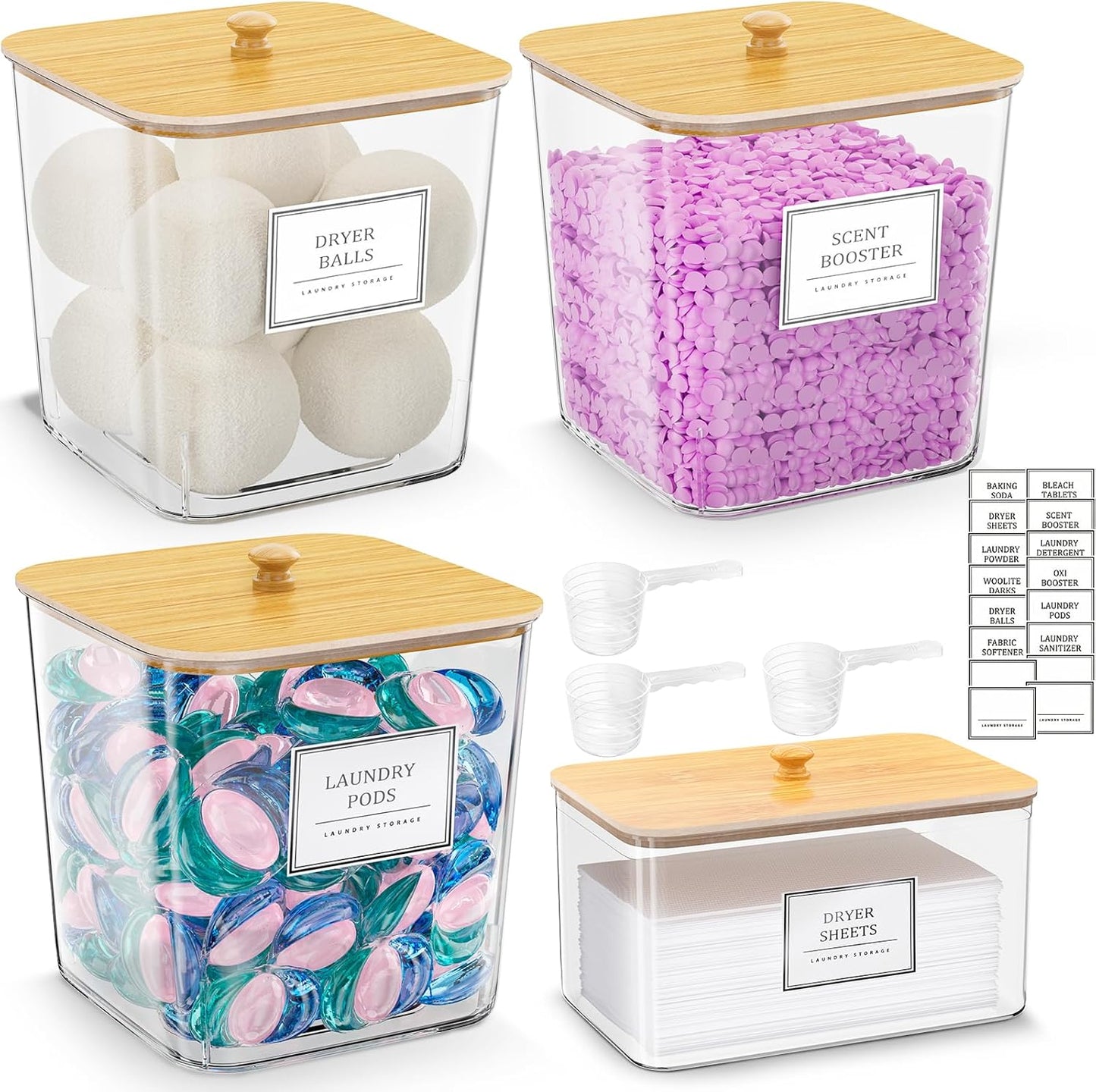 HomePekite Laundry Pods Storage Container, Clear Laundry Room Organization and Storage ,Detergent Powder Container,with Wooden Lids & Labels, 3+1 Pack