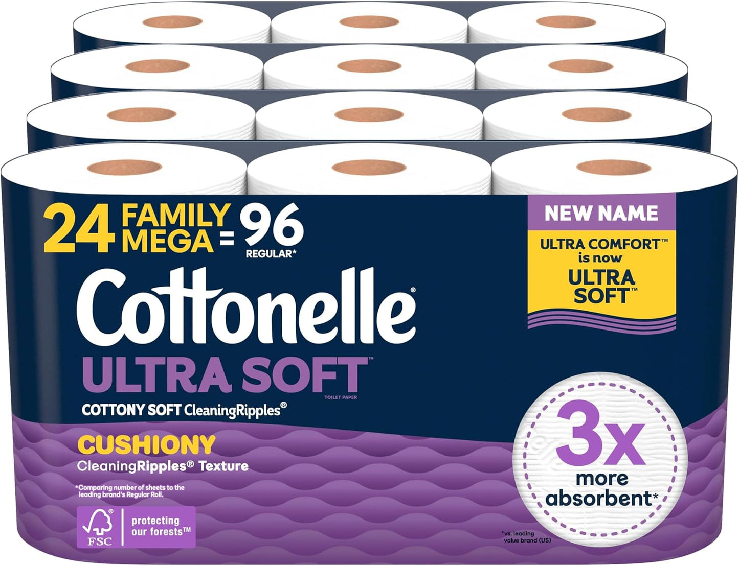 Cottonelle Ultra Soft Toilet Paper with Cushiony CleaningRipples Texture, Strong Bath Tissue, 24 Family Mega Rolls = 108 Regular Rolls (4 Packs of 6)