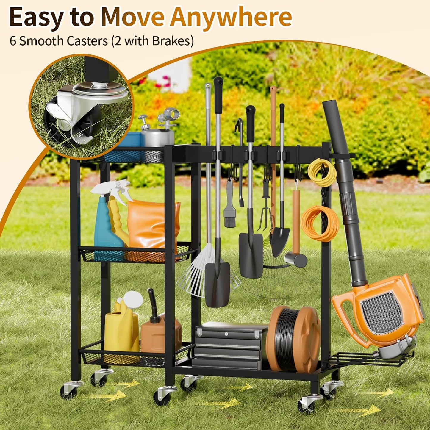 Broom Holder with Cleaning Supplies Organizer Load 350 LBS Cleaning Cart with Wheels Broom Closet Storage with 3-Tier Shelves, 6 Mop Hanger Grippers, 3 Double-Hooks, Vacuum Stand for Laundry Garage