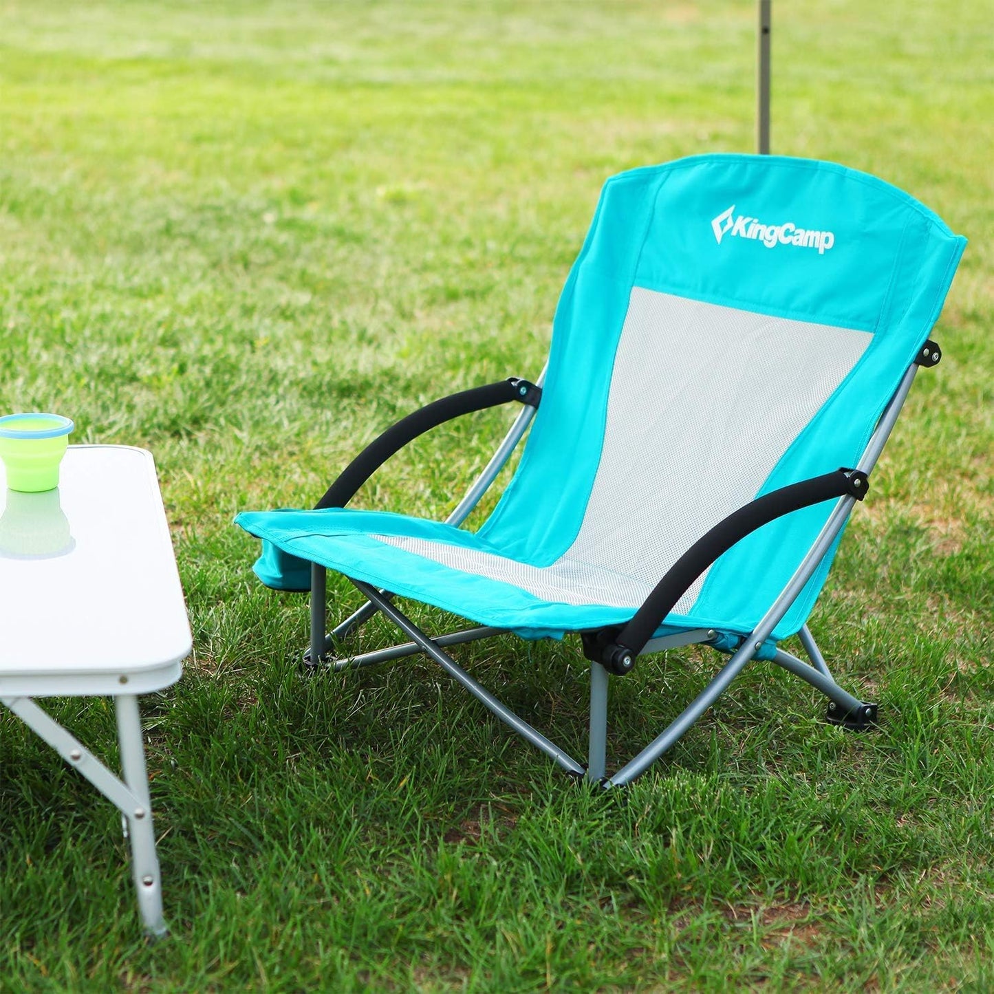 KingCamp Low Beach Chair, High Back Folding Camping Chair for Adults, Oversized Breathable Mesh Seat, 300lbs Heavy Duty Portable Chair with Cup Holder & Storage Pockets for Beach, Outdoor