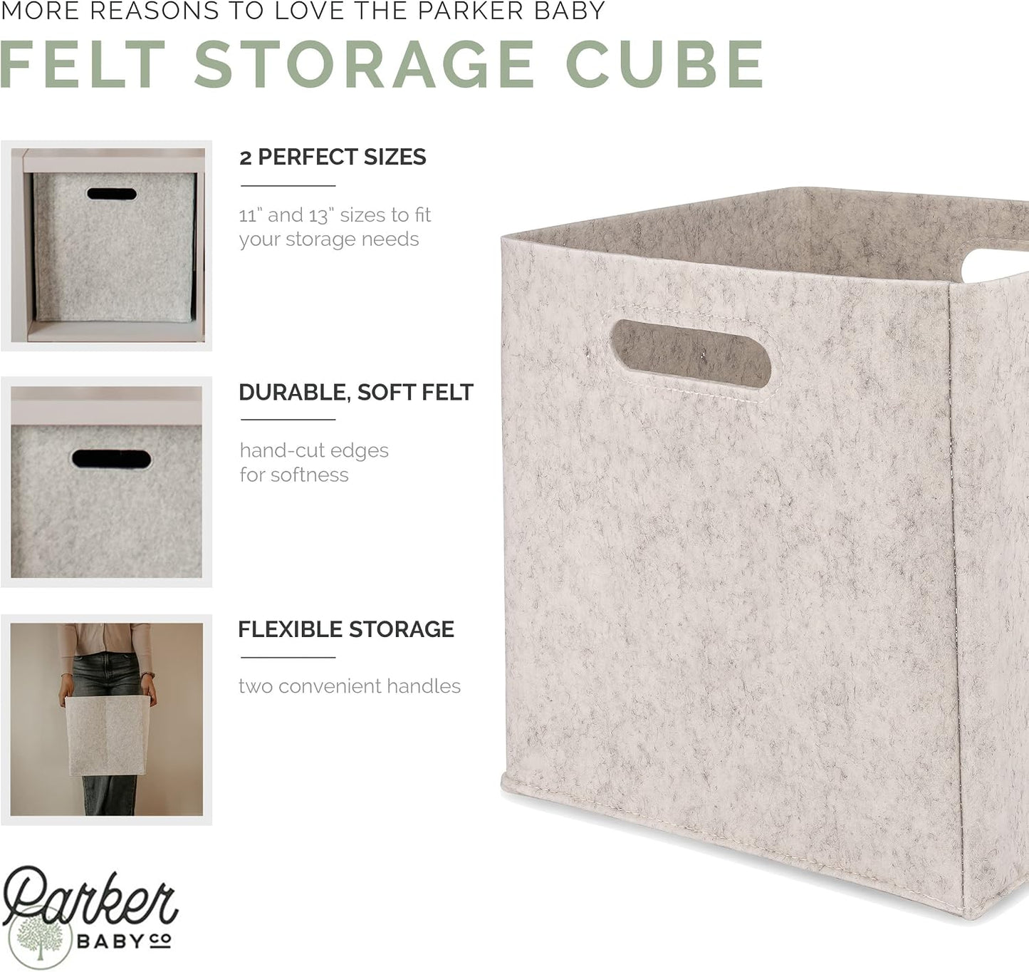 Parker Baby Co. Foldable Felt Storage Cube Bin, 13 Inch Storage Bin - White | Collapsible cubby basket stores diapers, toys, blankets & closet essentials. Soft felt fabric, flexible & foldable structure