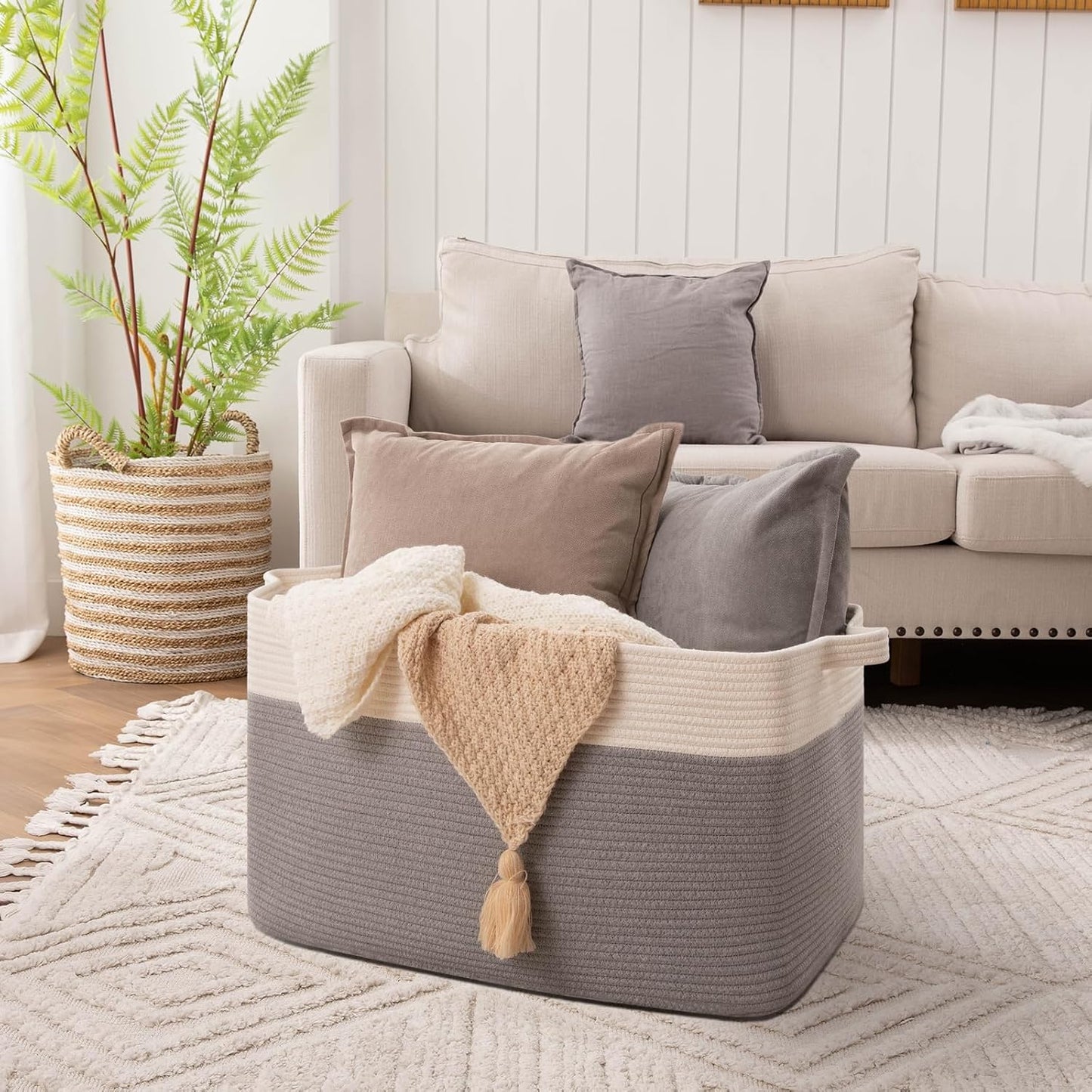 OIAHOMY Extra Large Blanket Basket, 95L Cotton Rope Woven Laundry Basket, Toy Bin for Baby Room, Container for Blanket Storage in Living Room, 24''×17''×14'', Grey & White