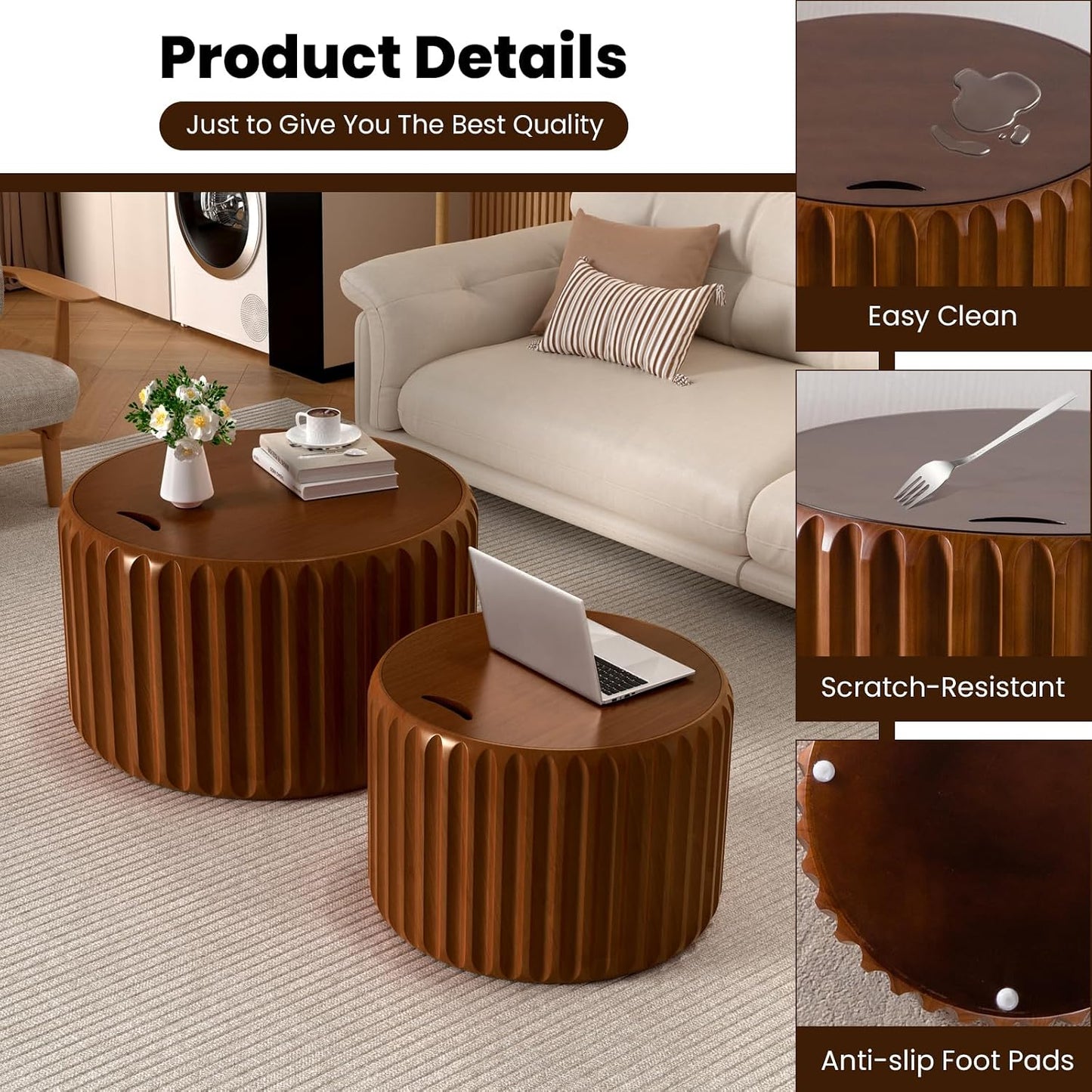 Round Nesting Coffee Table Set of 2 with Storage, No Assembly (Brown) | Wood Fluted Coffee Table Modern Drum Accent Tea Center Table Side End Table for Living Room, Bedroom, Small Space