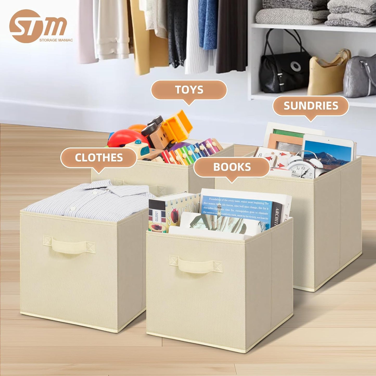 STORAGE MANIAC Storage Cubes, 11 Inch Collapsible Storage Bins with Handles, 8 Pack Fabric Foldable Bins for Organization, Durable Storage Bins for Closet, Shelves, Offices, Toys, 8-Pack Beige