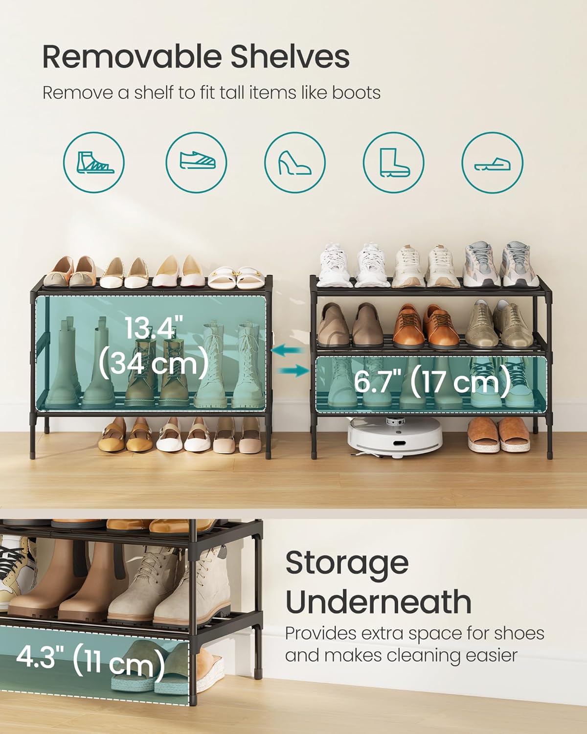 SONGMICS 3-Tier Shoe Rack for Closet, Compact Metal Shoe Organizer Shelf for Entryway, Bedroom, Small Spaces, Stackable, 11.8 x 24.5 x 19.1 Inches, Black ULSA123BH01