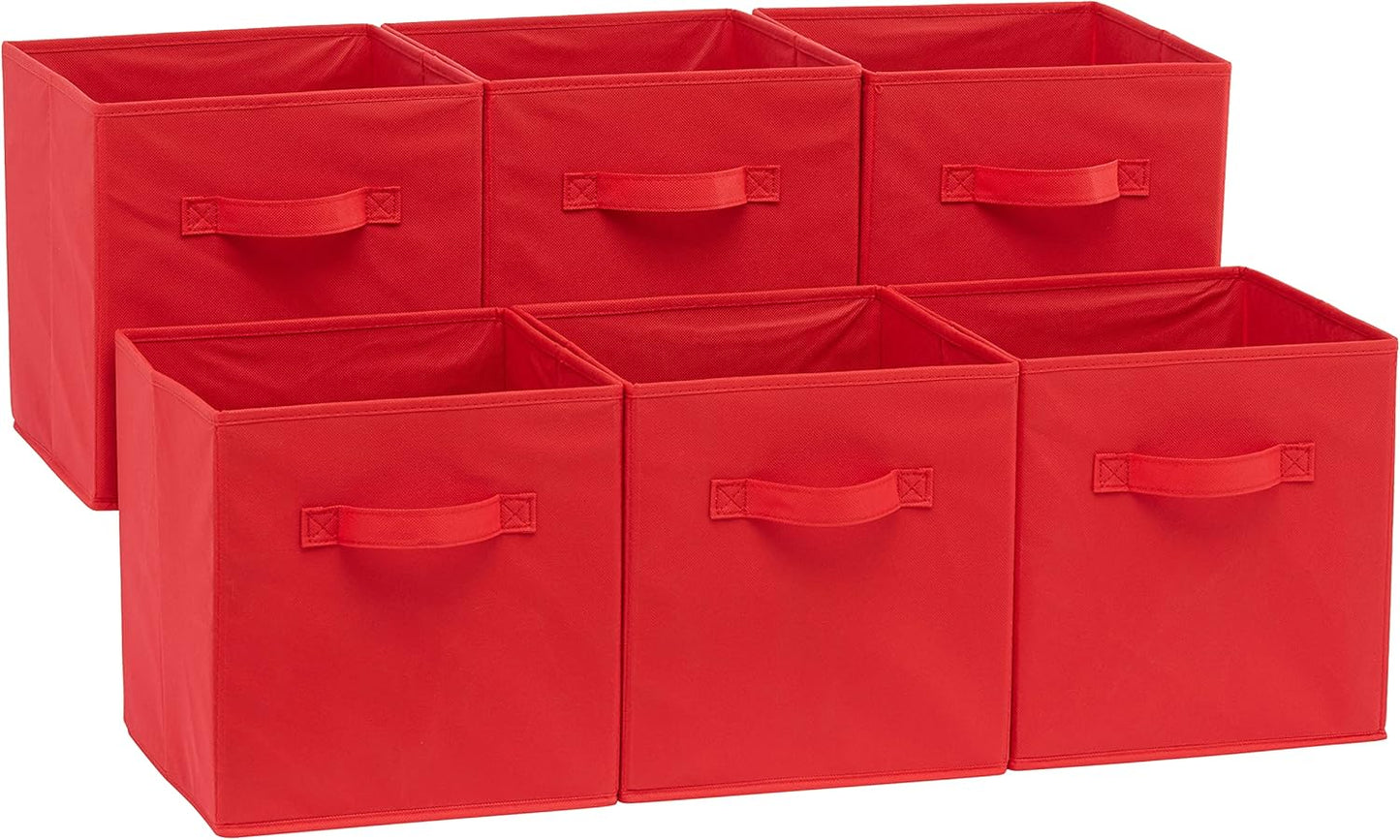 Amazon Basics Collapsible Fabric Storage Bins with Handles, Cube Organizer, Home Organization, 10.5"x10.5"x11", Red, 6-Pack