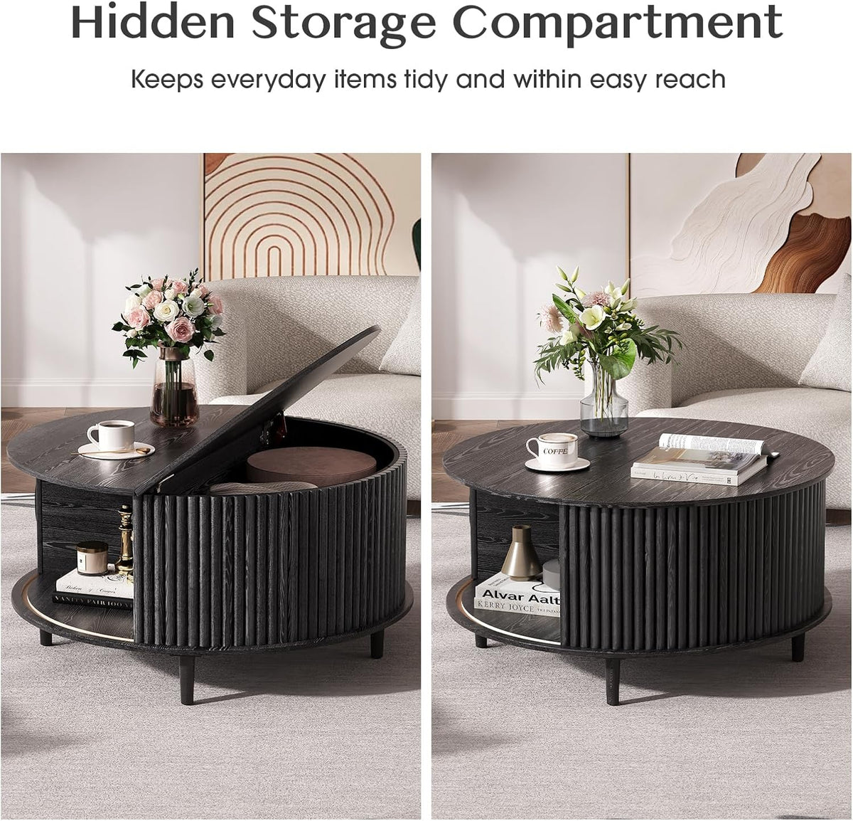 JOINICE Black Round Coffee Table with Storage for Living Room,31.5"