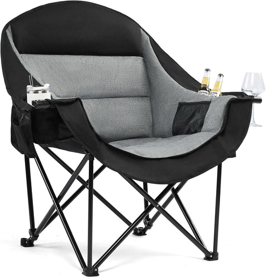 Oversized Camping Chairs for Adults - Heavy Duty Padded Outdoor Folding Lawn XL Camp Chair with Cup Holder Cooler Pockets for Outside Sports Beach Fishing Garden Portable Supports 500lbs, Black