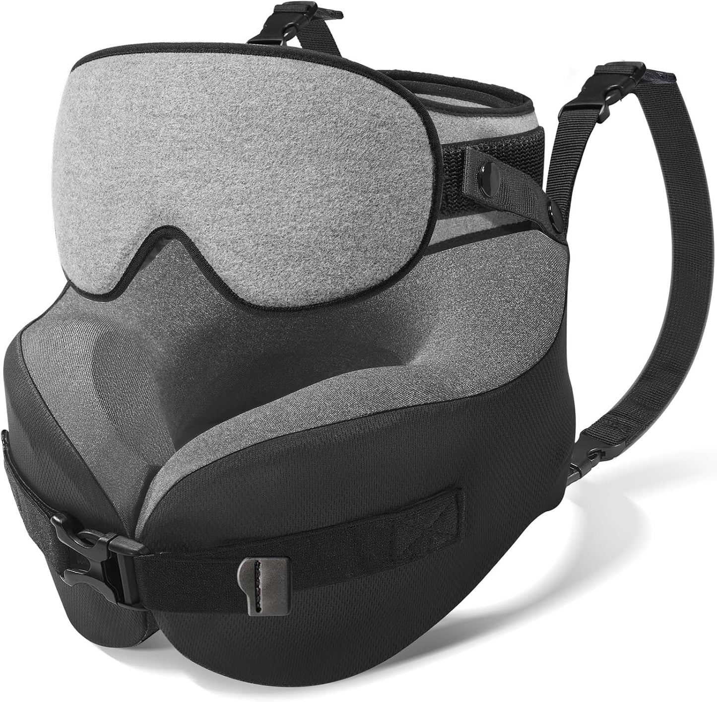 YFONG Travel Pillow for Long Flight Airplane, Head Strap Combo with 3D Contoured Sleep Eye Mask, Neck Pillow for Travel Essential, 360° Support Memory Foam Headrest, Prevent Bobbing, Drawstrap - Grey