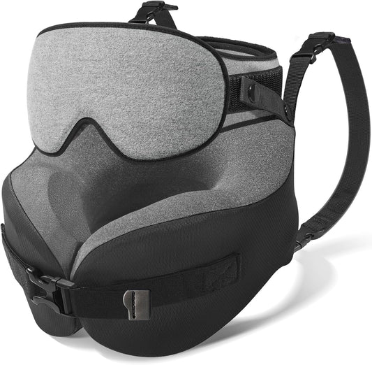 YFONG Travel Pillow for Long Flight Airplane, Head Strap Combo with 3D Contoured Sleep Eye Mask, Neck Pillow for Travel Essential, 360° Support Memory Foam Headrest, Prevent Bobbing, Drawstrap - Grey