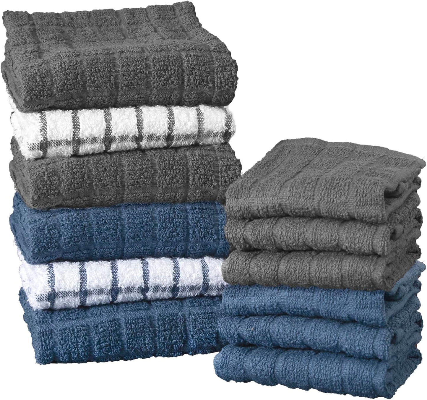 Ritz Premium Kitchen Towel and Dish Cloth Value Set: Highly Absorbent, Super Soft, Long-Lasting, 100% Cotton Checked and Solid Hand Towels, Tea Towels, Bar Towels - 12-Pack, Federal Blue/Graphite